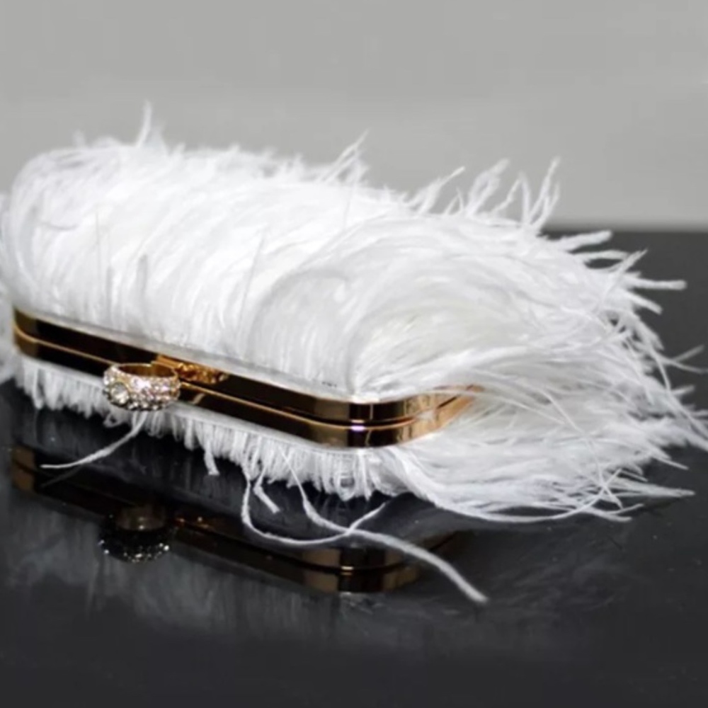 🌸 OSTRICH PURSE FEATHER HARD CLUTCH BAG BOHO CHIC DESIGNER ELITE HANDLE CHAIN - Picture 12 of 12